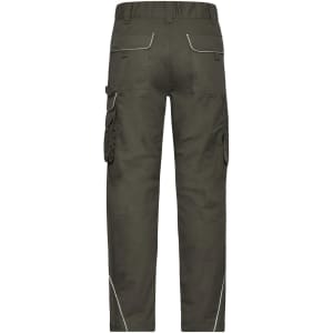 Workwear pants in olive green with cargo pockets and contrasting stitching, featuring a logo on the tag.