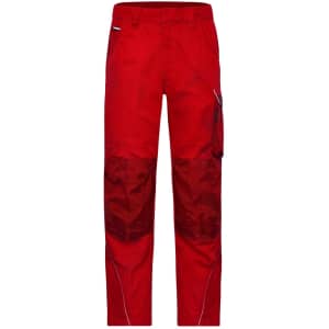 Red workwear pants featuring multiple pockets and reinforcement at the knees. Includes a logo on the waistband.
