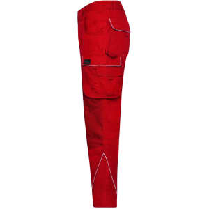 Red workwear pants featuring multiple pockets and contrasting white stitching, with a logo on one pocket.