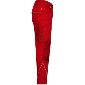 Red workwear pants featuring a side pocket and branding on the waistband.