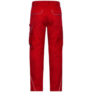 Red work pants featuring cargo pockets and a waistband. The back view highlights stitching details and branding.