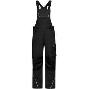A pair of black workwear pants with a bib, featuring adjustable straps and a pocket.