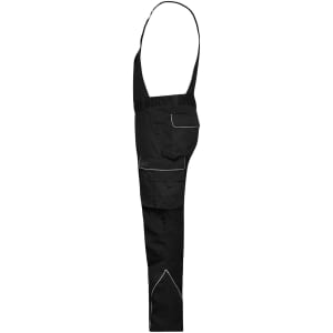 Black workwear pants with bib and pockets, featuring reflective trim and a branded logo.