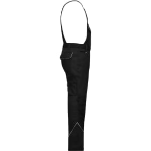 Workwear pants with bib in black, featuring adjustable suspenders and a side pocket, with contrast stitching and branding.