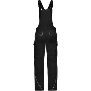 Black workwear pants with bib, featuring multiple pockets and adjustable straps. Includes a logo on the garment.