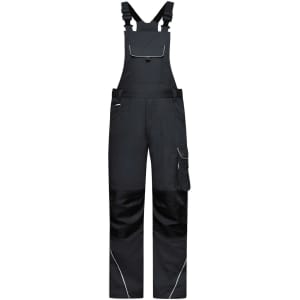 Dark grey workwear pants with bib, featuring adjustable straps and a side pocket. Includes a logo on the fabric.