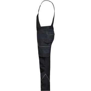 Workwear pants with bib in black, featuring adjustable straps and multiple pockets for utility.
