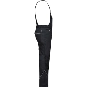 Workwear pants with bib in black, featuring adjustable suspenders and a logo on the waistband.