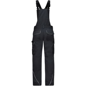 Workwear pants with bib in black, featuring adjustable straps and multiple pockets. Includes branding on the garment.