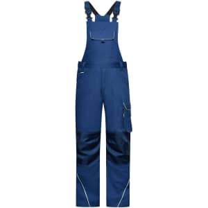 Blue workwear pants with bib and adjustable straps, featuring pockets and contrasting dark panels. Includes a logo.