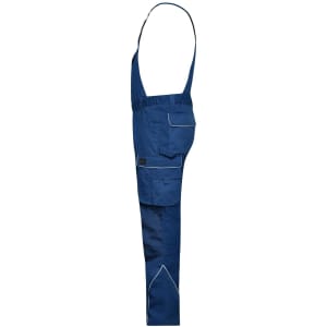 Navy blue workwear pants with bib, featuring multiple pockets and a logo. Ideal for uniforms.