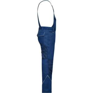 Workwear pants with bib in navy blue, featuring adjustable straps and multiple pockets. Includes a logo detail.
