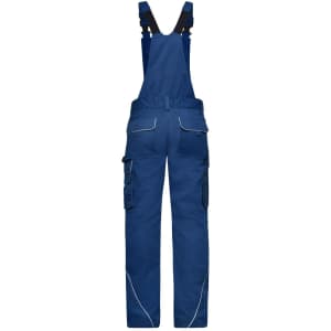 Workwear pants with bib in blue, featuring adjustable straps and multiple pockets. Includes a logo on the garment.
