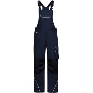 Navy workwear pants with a bib, featuring adjustable straps and a pocket, designed for durability and functionality.