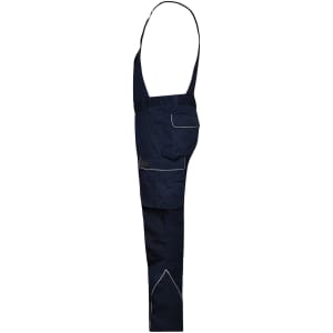 Navy workwear pants with bib, featuring multiple pockets and a logo. Designed for durability and practicality.