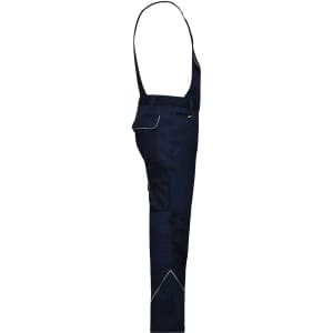 Workwear pants in navy blue with bib and adjustable straps, featuring multiple pockets and contrasting detailing.