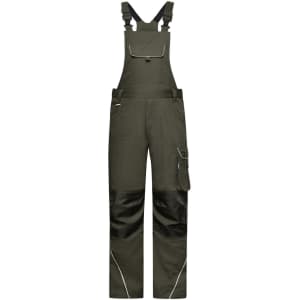 Workwear pants with bib in olive green, featuring adjustable straps, pockets, and black accents. Includes a logo.