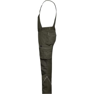 Workwear pants with bib in dark green, featuring multiple pockets and a logo. Suitable for rugged use.