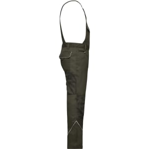 Workwear pants with bib in dark green, featuring adjustable straps and multiple pockets, with a small logo.