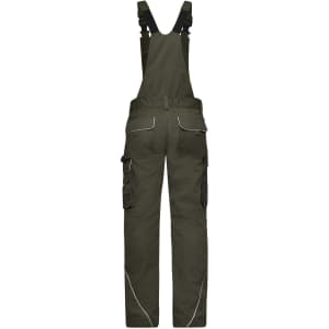 Workwear pants with bib in dark green, featuring adjustable straps and cargo pockets. Includes a logo on the back.