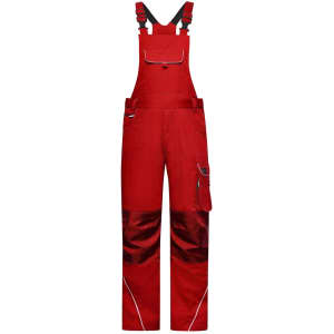 Bright red workwear pants with bib featuring adjustable straps and various pockets. Includes branding details.