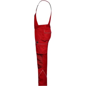 Red workwear pants with bib, featuring pockets and contrast piping. Includes a branding logo on the design.