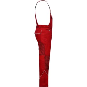A pair of red workwear pants with bib and adjustable straps, featuring multiple pockets and a logo.
