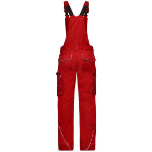 Bright red workwear pants with bib, featuring adjustable straps and multiple pockets on the sides.