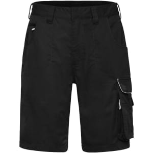 Black workwear bermudas with multiple pockets and a branded logo detail. Ideal for practical wear in various settings.