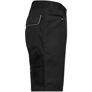 A pair of black workwear bermudas, featuring multiple pockets and a waistband detail. It includes a logo on the fabric.