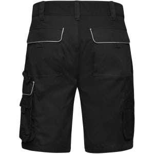 Black work shorts featuring multiple pockets and zippers on the back side, with a logo on the waistband.