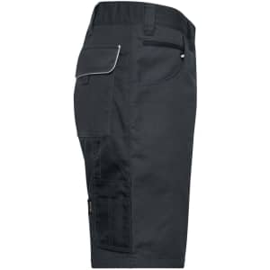 Workwear Bermudas in dark grey, featuring multiple pockets and a logo. Tailored for durability and comfort.