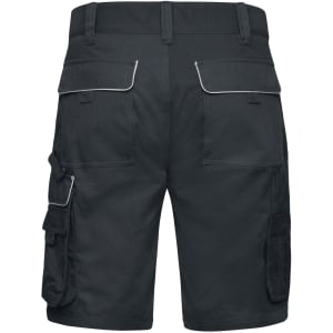 Workwear Bermudas in dark grey with multiple pockets and contrasting stitching, featuring a logo on the back.