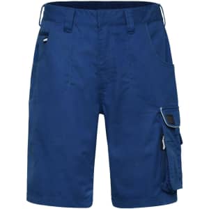 A pair of blue work shorts featuring multiple pockets and a logo. Designed for workwear purposes.
