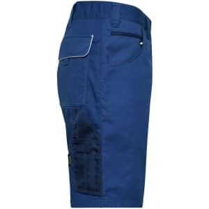 A side view of navy blue workwear bermuda shorts featuring a pocket and a logo.