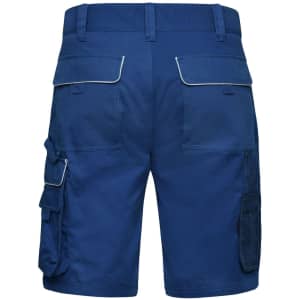 Navy blue work shorts featuring multiple pockets and a logo on the waistband.