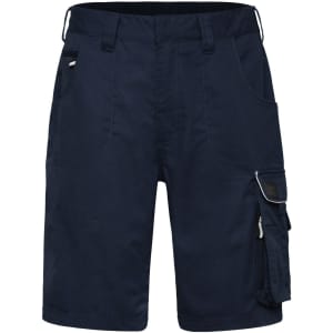 Navy work shorts featuring multiple pockets and a side cargo pocket, accompanied by a logo.