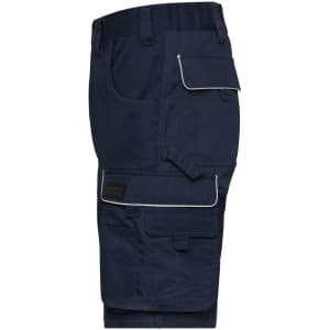 Navy work shorts with multiple pockets and a logo, featuring a sturdy and practical design.