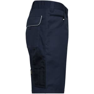 A pair of navy blue work shorts featuring utility pockets and a logo on the back.