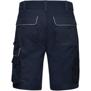 Navy blue work shorts featuring multiple pockets and a logo. Back view shows contrasting fabric details.