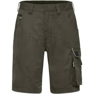 Khaki work shorts featuring multiple pockets and a side utility pocket, with a logo on the waistband.