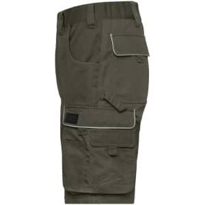 Workwear Bermudas in olive green with multiple pockets and a logo. Designed for practicality in work environments.