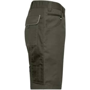 Workwear Bermudas in olive green, featuring multiple pockets and a fitted design. Includes a brand logo.