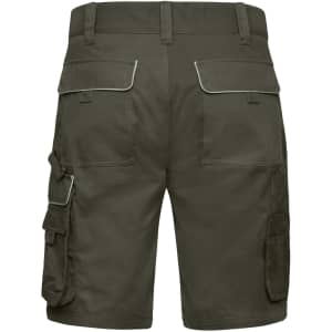 Workwear Bermudas in olive green, featuring multiple pockets and a logo on the back.
