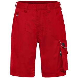 Red workwear bermudas featuring multiple pockets and a zippered side pouch. Includes a logo on the design.