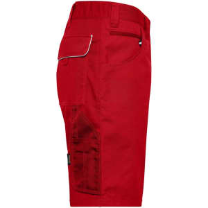 Red workwear bermudas featuring multiple pockets and a logo on the waistband. Side view highlighting the design.