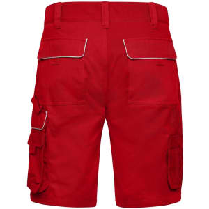 Red work shorts featuring multiple pockets and a logo. Back view with detailed stitching and zippers.