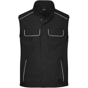 A black softshell light vest featuring two front pockets and contrasting white piping. It includes a logo.