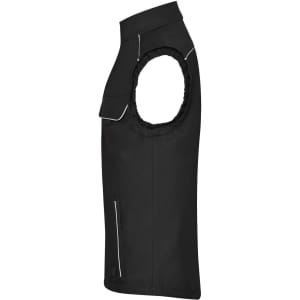 A black softshell light vest featuring a sleeveless design, decorative seams, and a logo on the chest area.