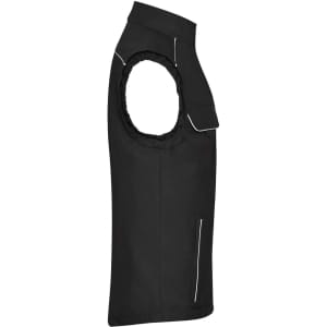 A black softshell light vest with a sleeveless design, featuring pockets and a logo.